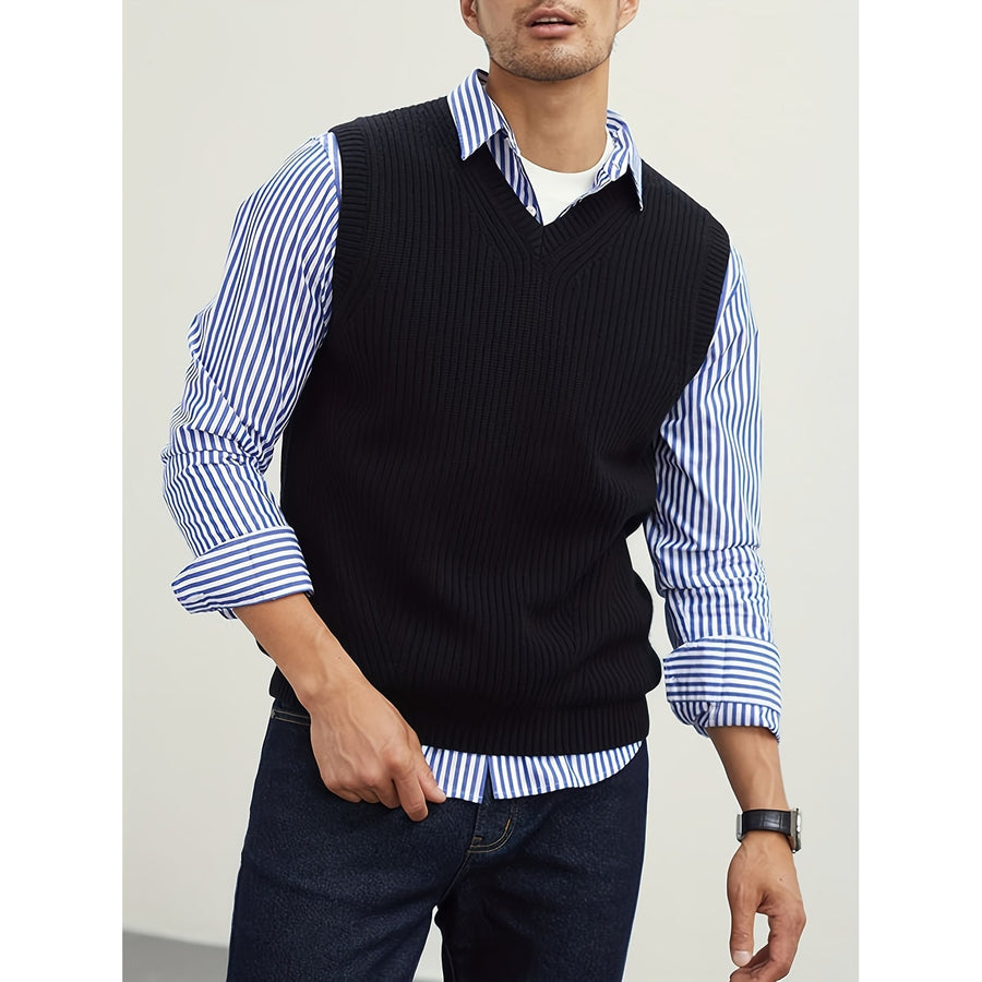 Men's Ribbed Knit V-Neck Sweater Vest Sleeveless Fabric