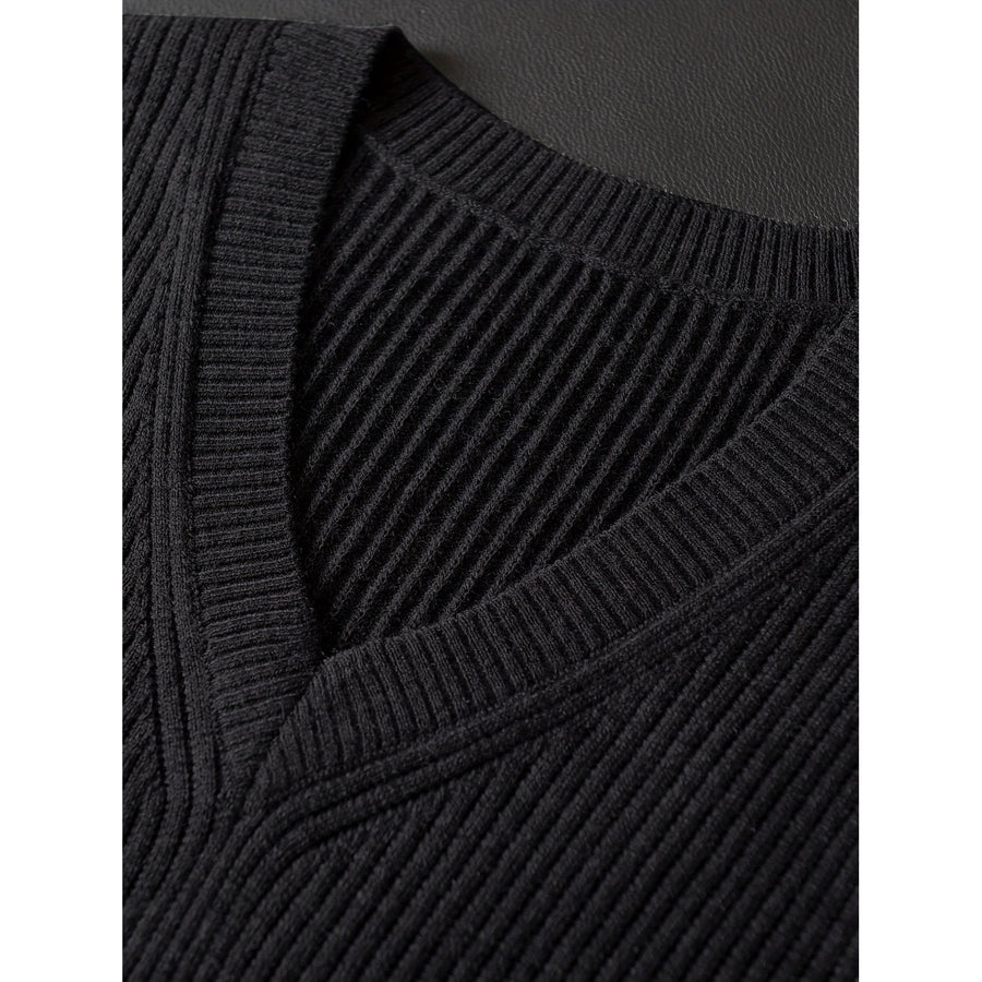 Men's Ribbed Knit V-Neck Sweater Vest Sleeveless Fabric
