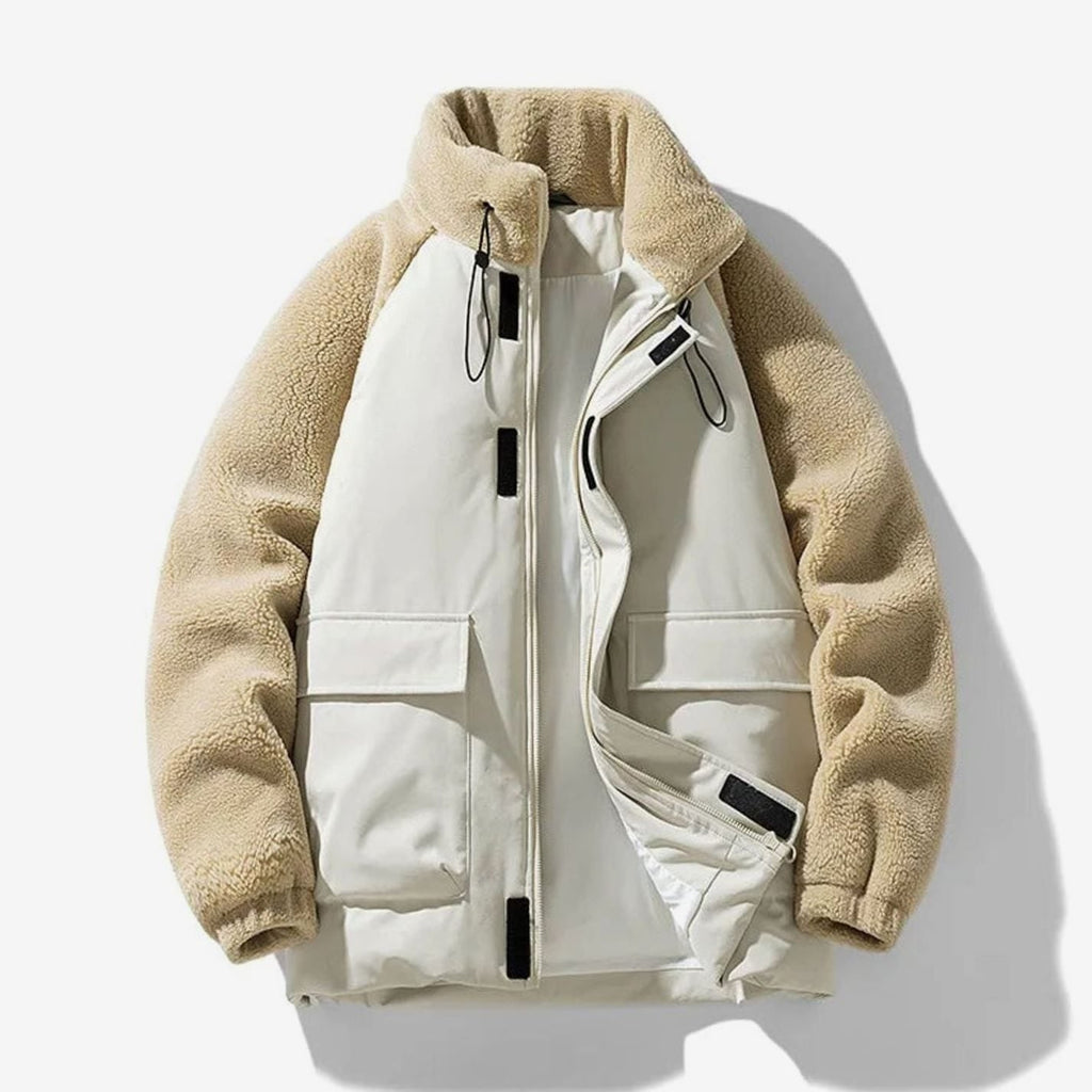 Men's Sherpa Jacket with Color-Block Design and Fleece Sleeves - Image 1