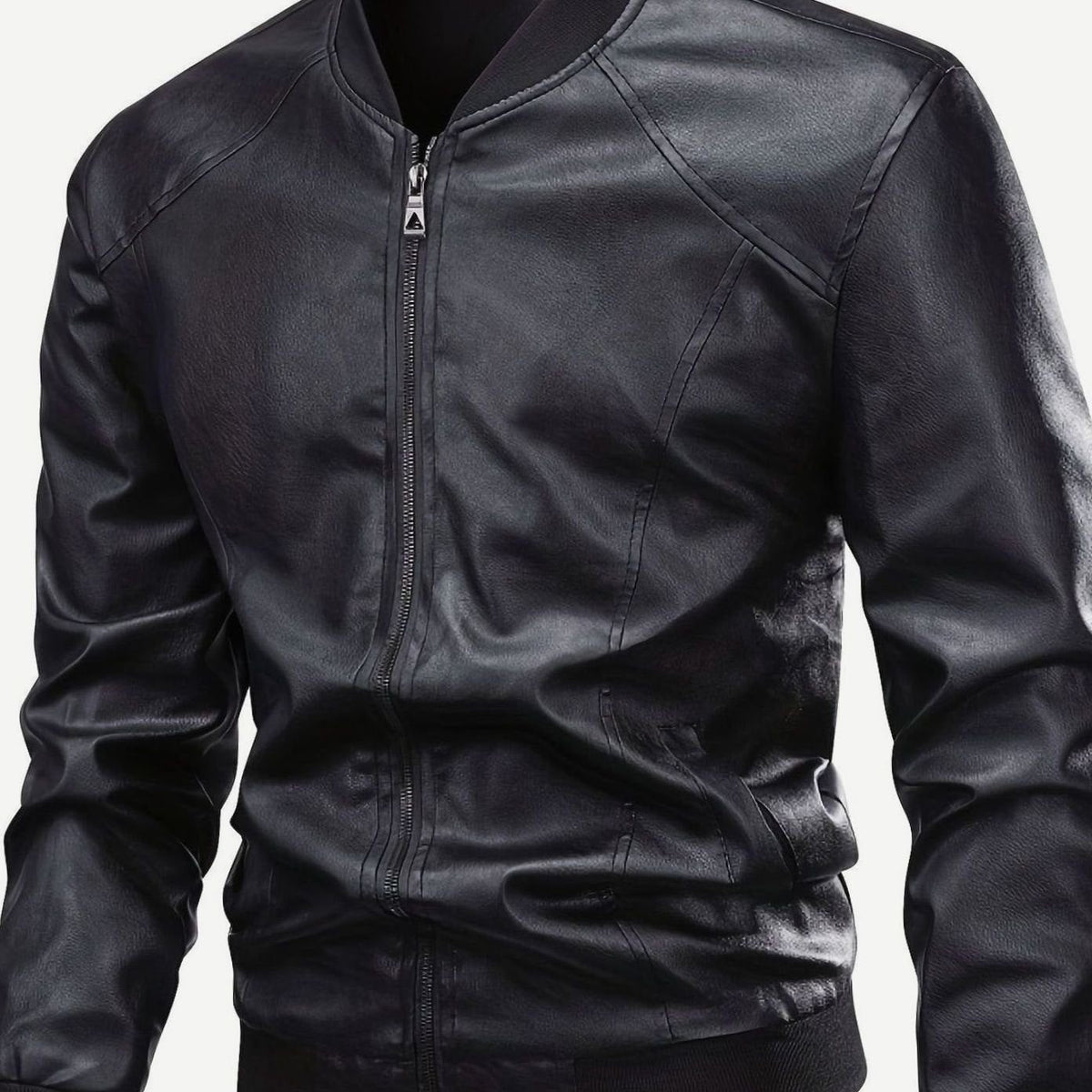 Men's Slim-Fit Faux Leather Bomber Jacket with Ribbed Trim