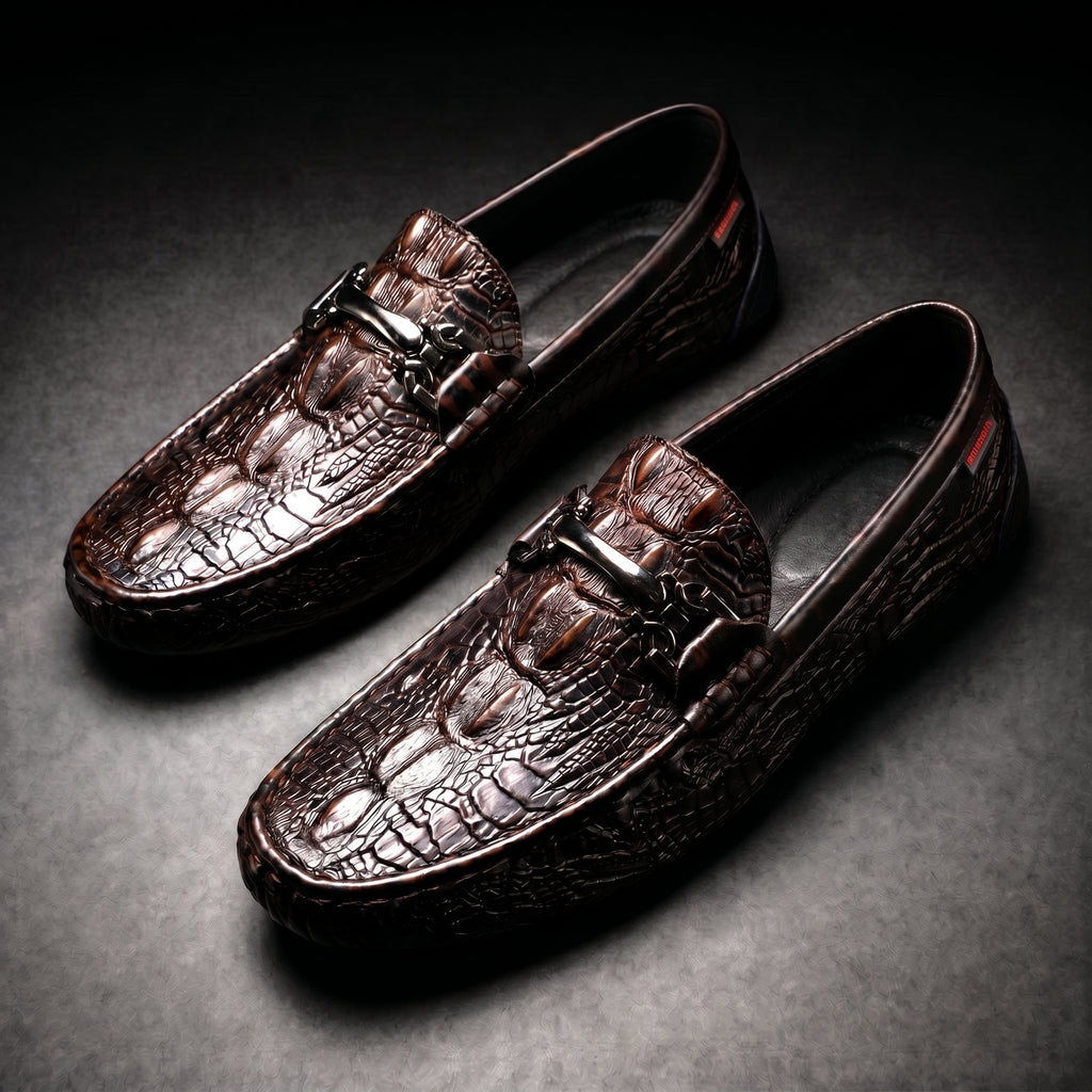 Men's Slip on Loafers with Crocodile Embossed Leather and Metal Bit Driving Sole - Image 1