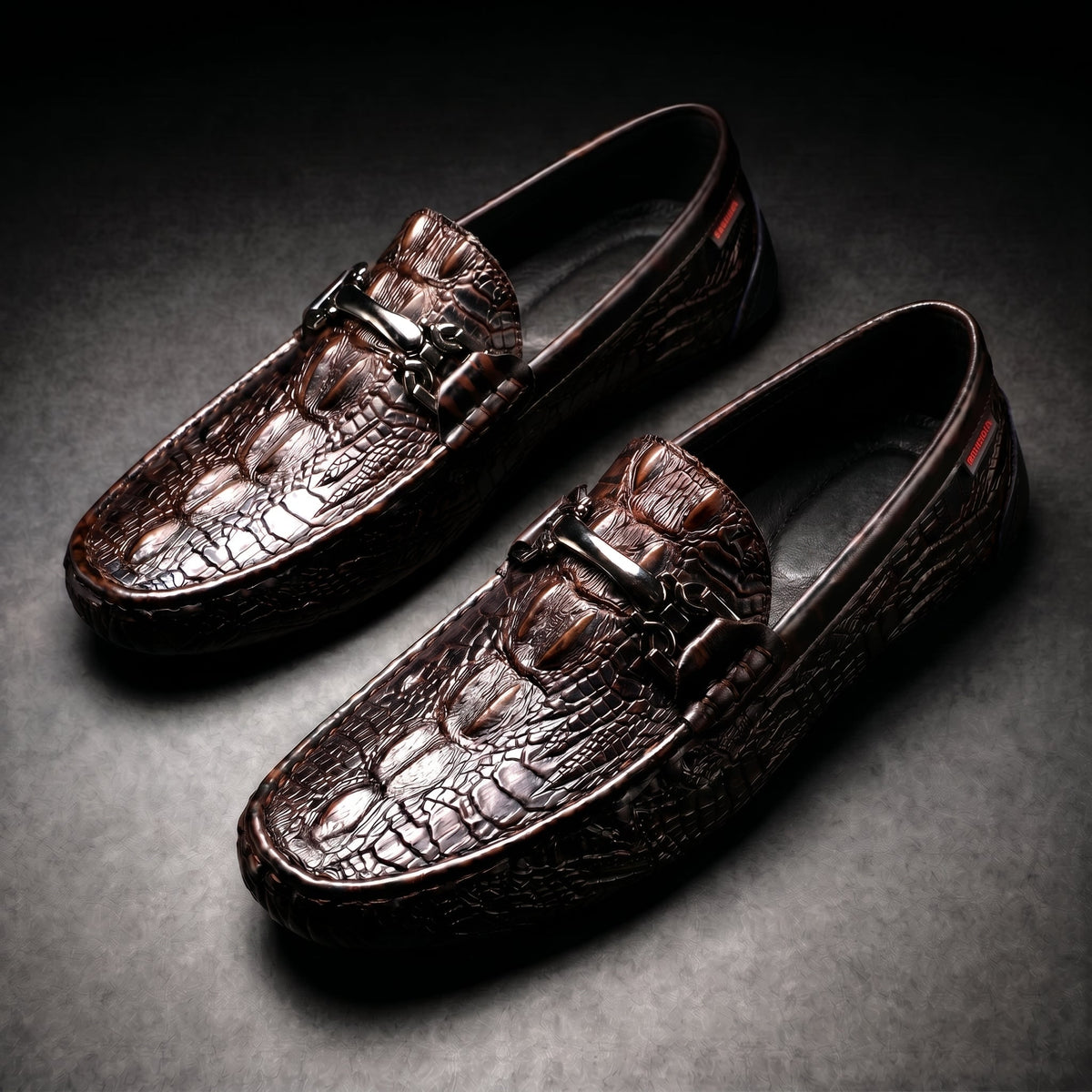 Men's Slip on Loafers with Crocodile Embossed Leather and Metal Bit Driving Sole - Image 1