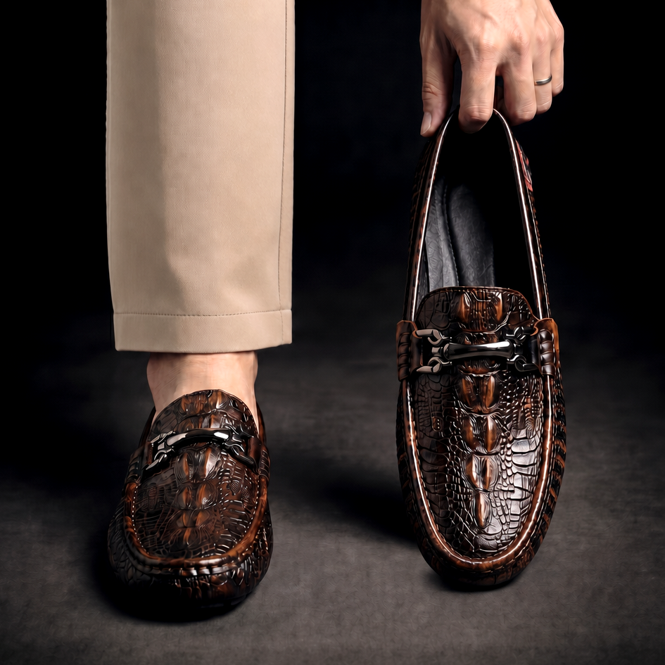 Men's Slip on Loafers with Crocodile Embossed Leather and Metal Bit Driving Sole - Image 2