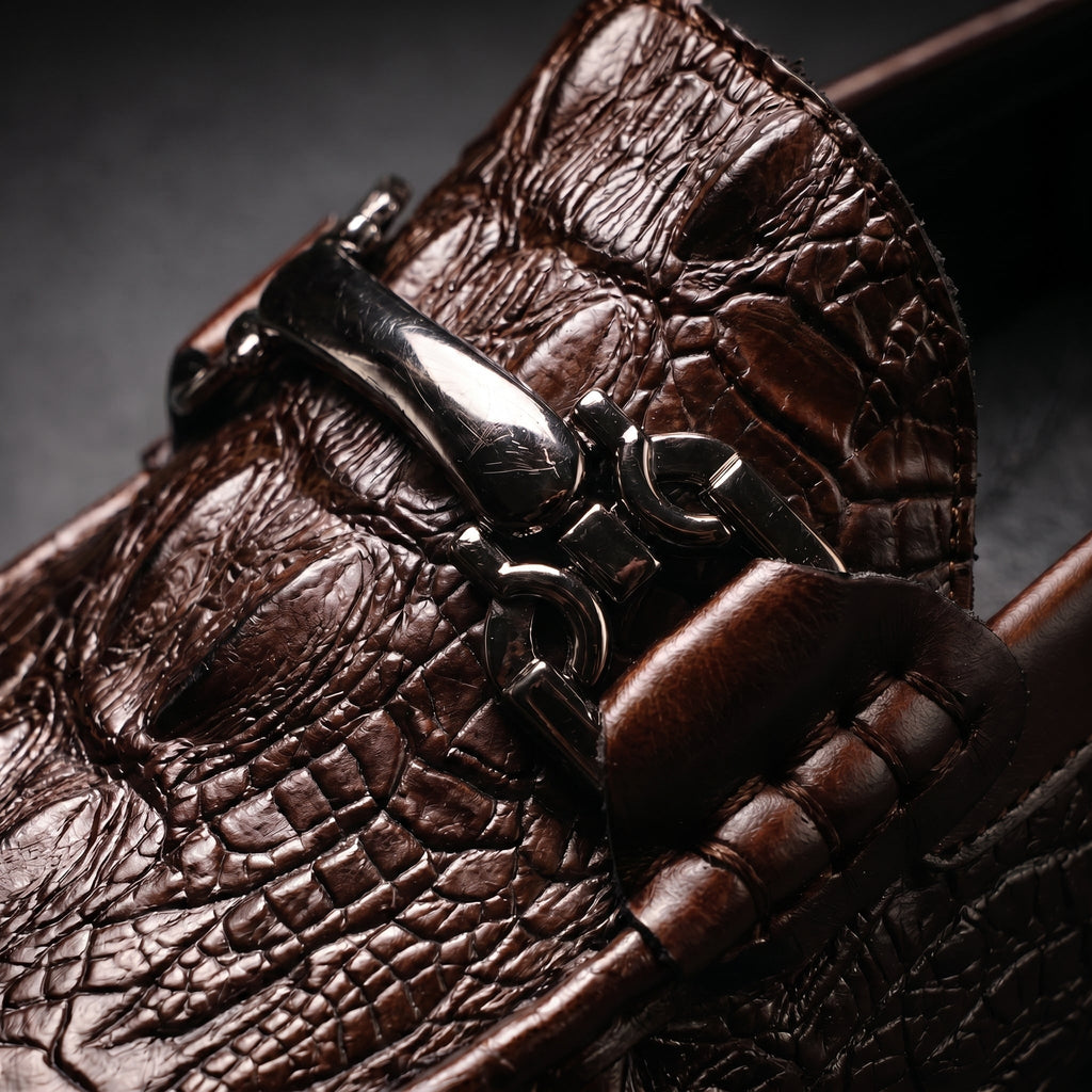 Men's Slip on Loafers with Crocodile Embossed Leather and Metal Bit Driving Sole - Image 3
