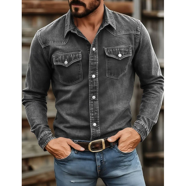 Men's Western Denim Shirt Long Sleeve with Snap Button Chest Pockets Slim Fit - Image 2