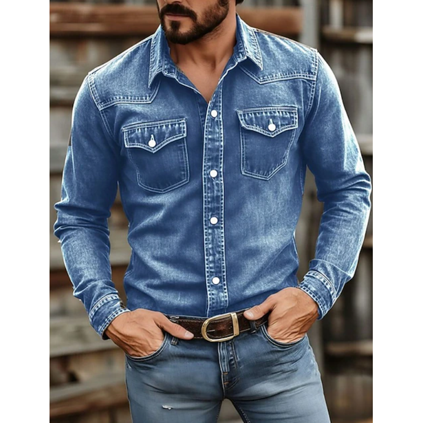 Men's Western Denim Shirt Long Sleeve with Snap Button Chest Pockets Slim Fit - Image 3