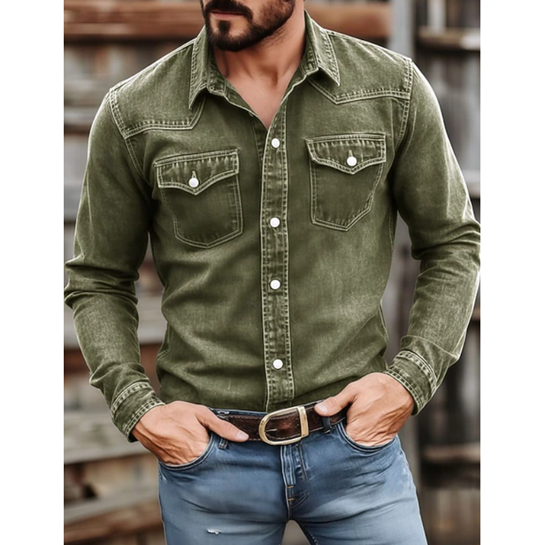 Men's Western Denim Shirt Long Sleeve with Snap Button Chest Pockets Slim Fit - Image 4