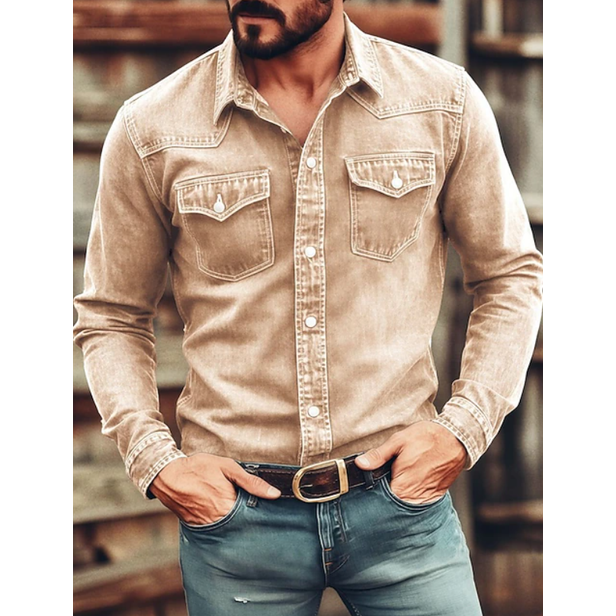 Men's Western Denim Shirt Long Sleeve with Snap Button Chest Pockets Slim Fit - Image 5