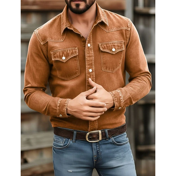 Men's Western Denim Shirt Long Sleeve with Snap Button Chest Pockets Slim Fit - Image 6