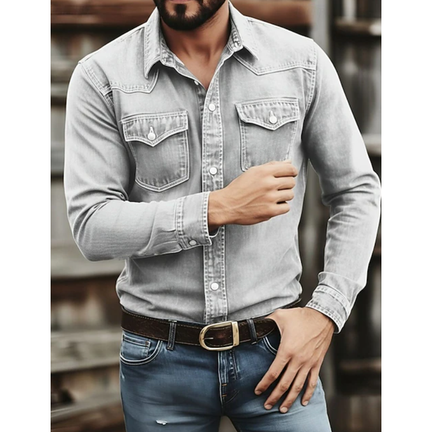 Men's Western Denim Shirt Long Sleeve with Snap Button Chest Pockets Slim Fit - Image 7