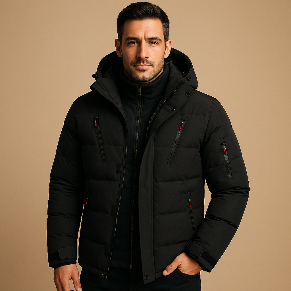 Men's Winter Jacket Quilted Puffer with Hooded Neckline and Zippered Pockets - Image 3