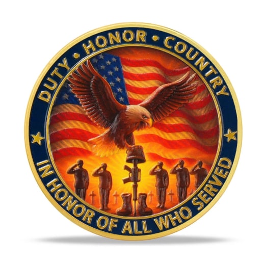 Military Challenge Coin with Patriotic Eagle and Battlefield Cross Design - Image 1