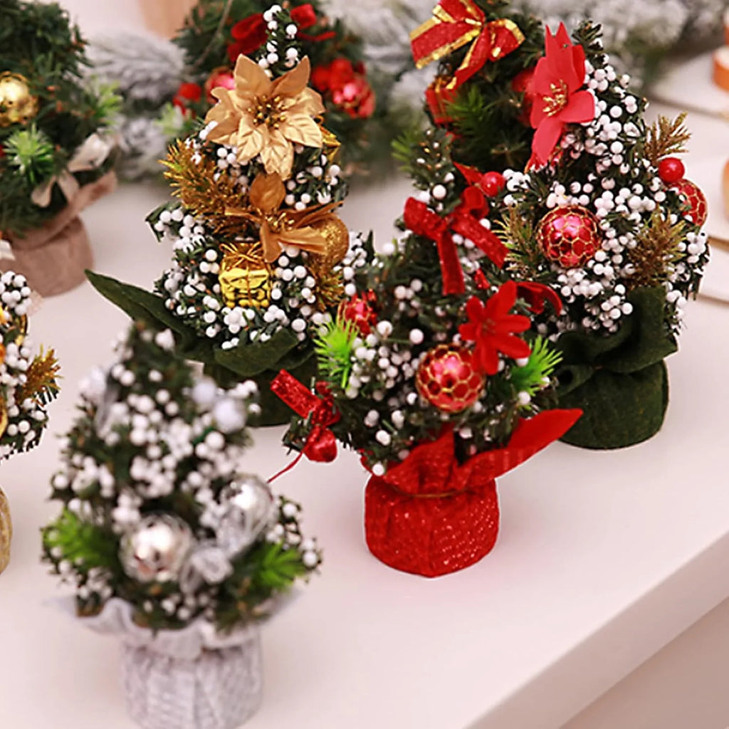 Mini Christmas Tree Tabletop Faux with Ornaments and Flocked Snow Fabric Base - Image 2