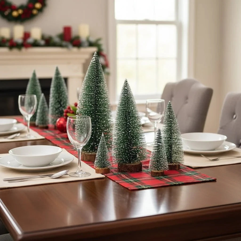 Miniature Christmas Trees with Frosted Bristles and Wooden Base for Tabletop Decor - Image 2