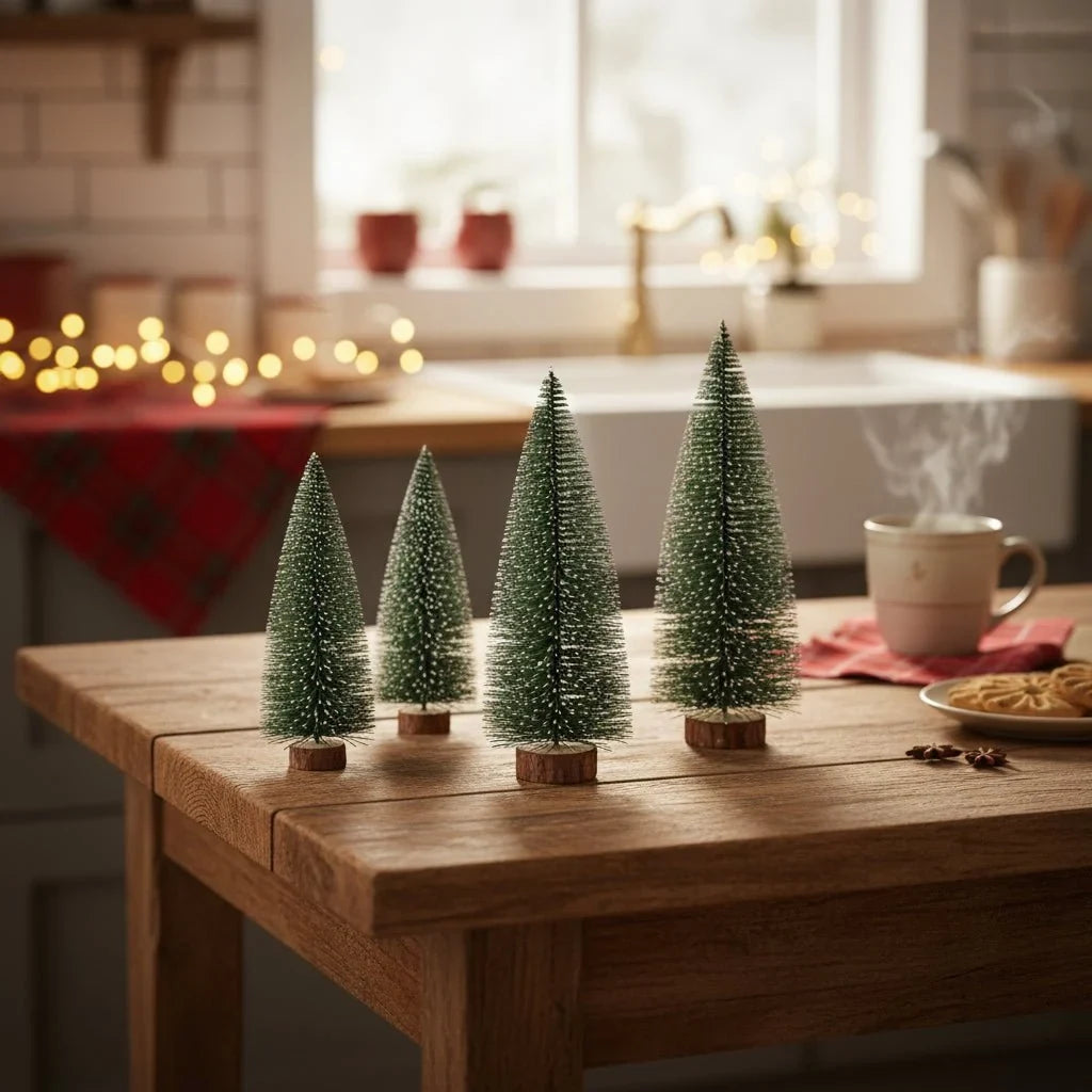 Miniature Christmas Trees with Frosted Bristles and Wooden Base for Tabletop Decor - Image 3