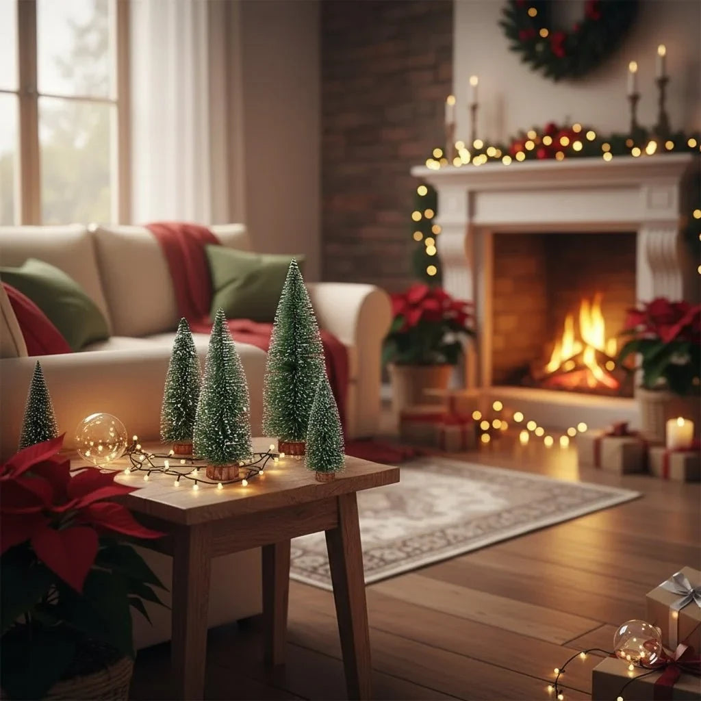 Miniature Christmas Trees with Frosted Bristles and Wooden Base for Tabletop Decor - Image 5