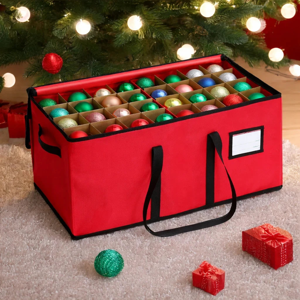 Ornament Storage Box with Zippered Lid and Dividers for Christmas Decorations - Image 1
