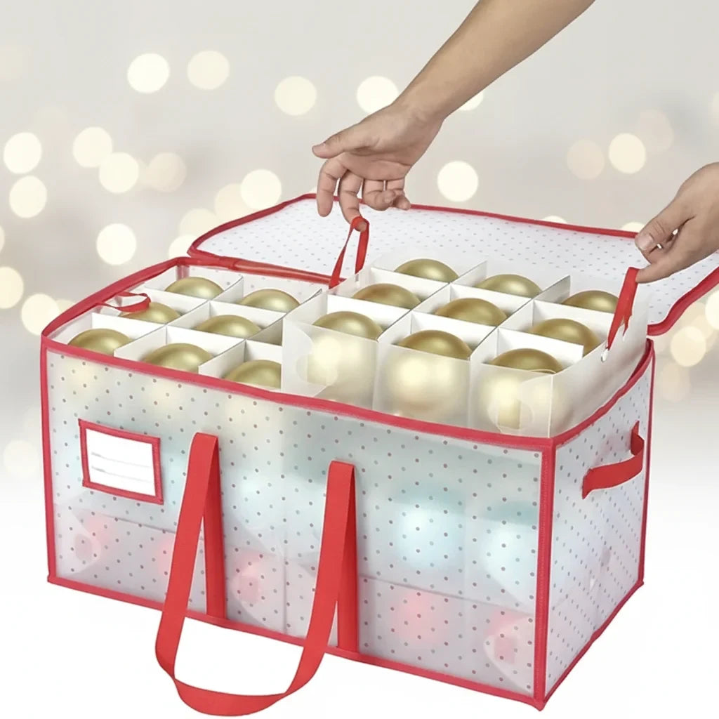 Ornament Storage Box with Zippered Lid and Grid Dividers for Christmas - Image 1