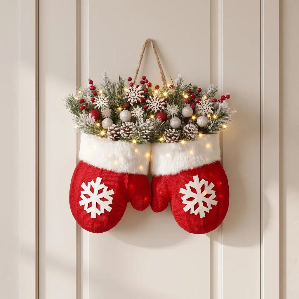 Outdoor Christmas Lights Door Hanger with LED Frosted Greenery and Mitten Shape - Image 1