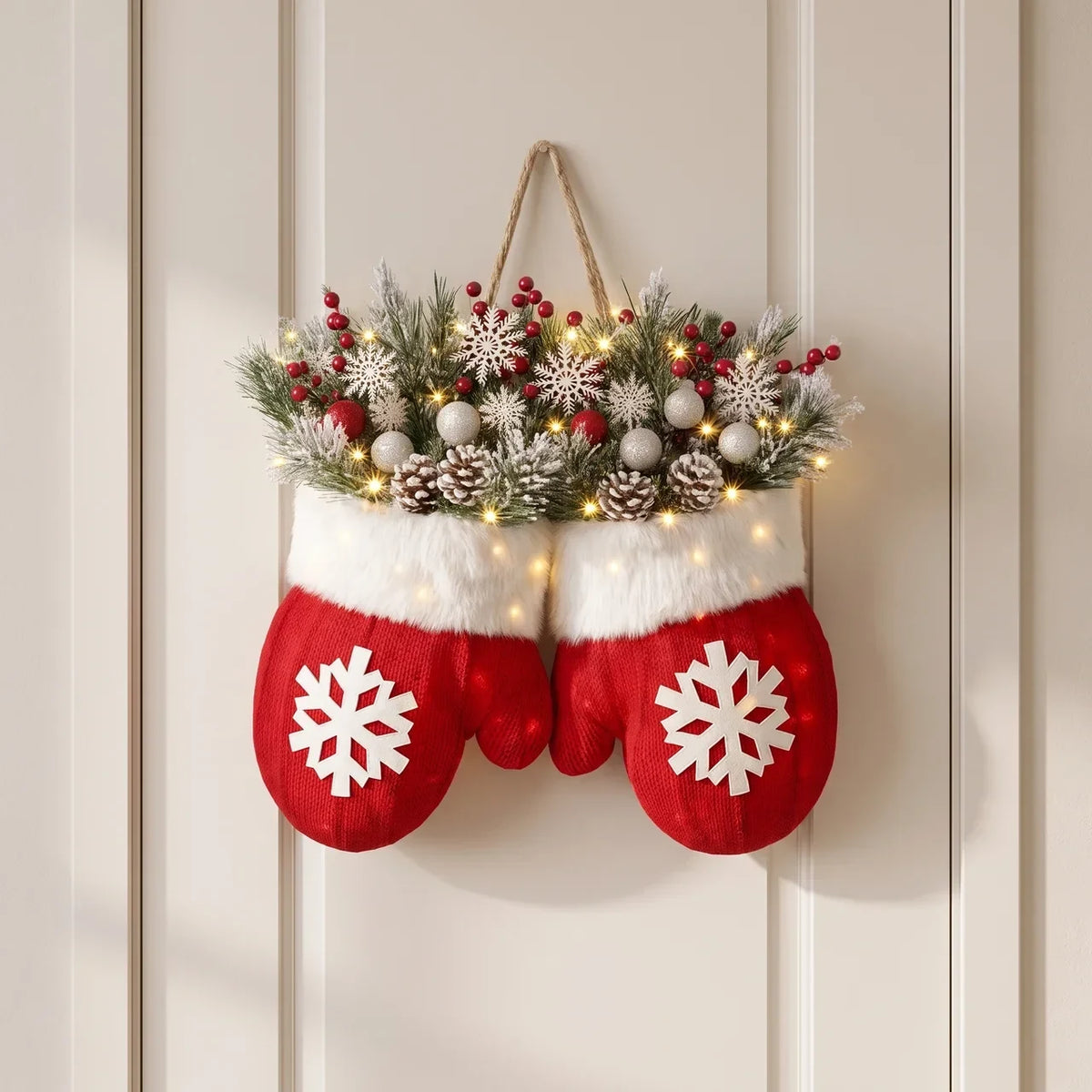 Outdoor Christmas Lights Door Hanger with LED Frosted Greenery and Mitten Shape - Image 1