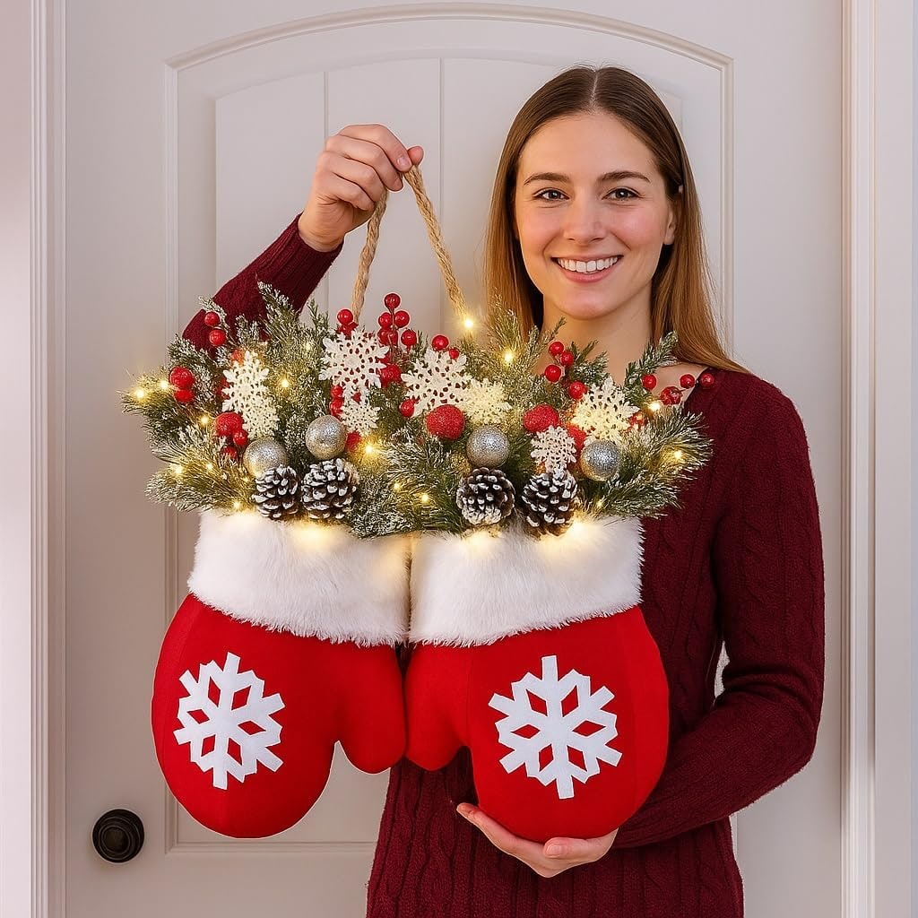 Outdoor Christmas Lights Door Hanger with LED Frosted Greenery and Mitten Shape - Image 2
