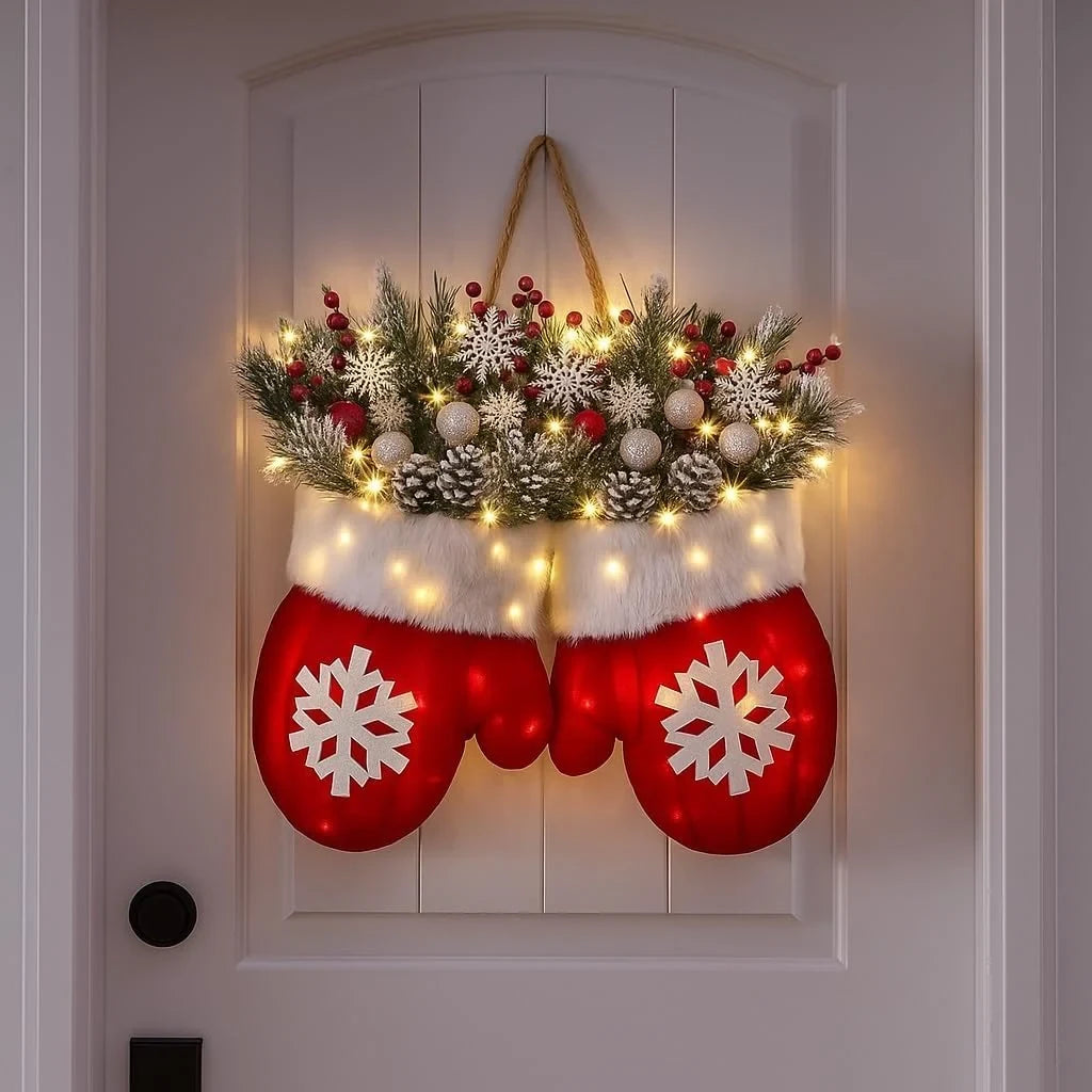 Outdoor Christmas Lights Door Hanger with LED Frosted Greenery and Mitten Shape - Image 3