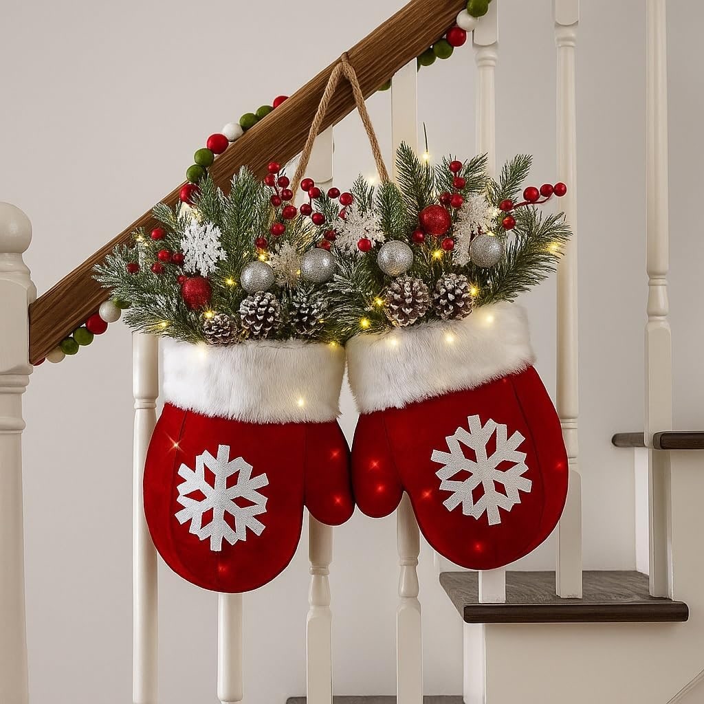 Outdoor Christmas Lights Door Hanger with LED Frosted Greenery and Mitten Shape - Image 5