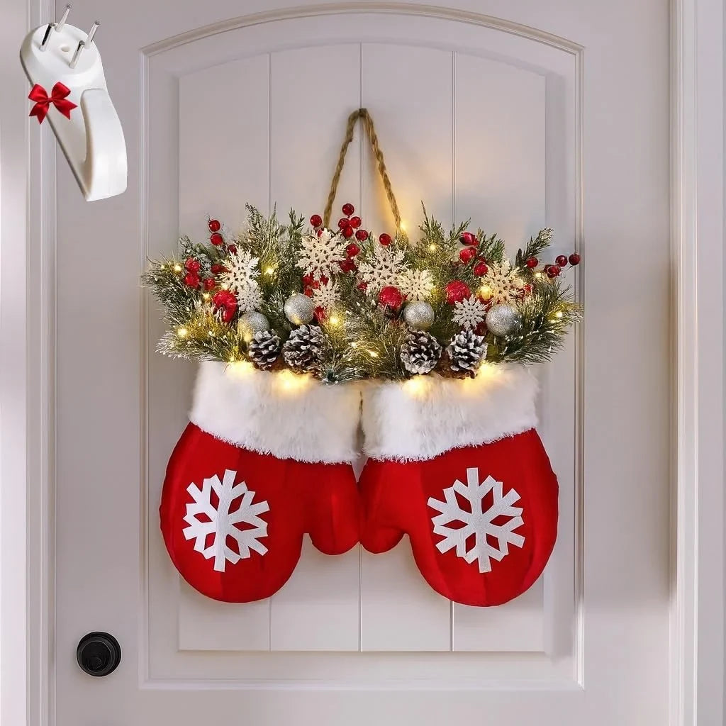 Outdoor Christmas Lights Door Hanger with LED Frosted Greenery and Mitten Shape - Image 6