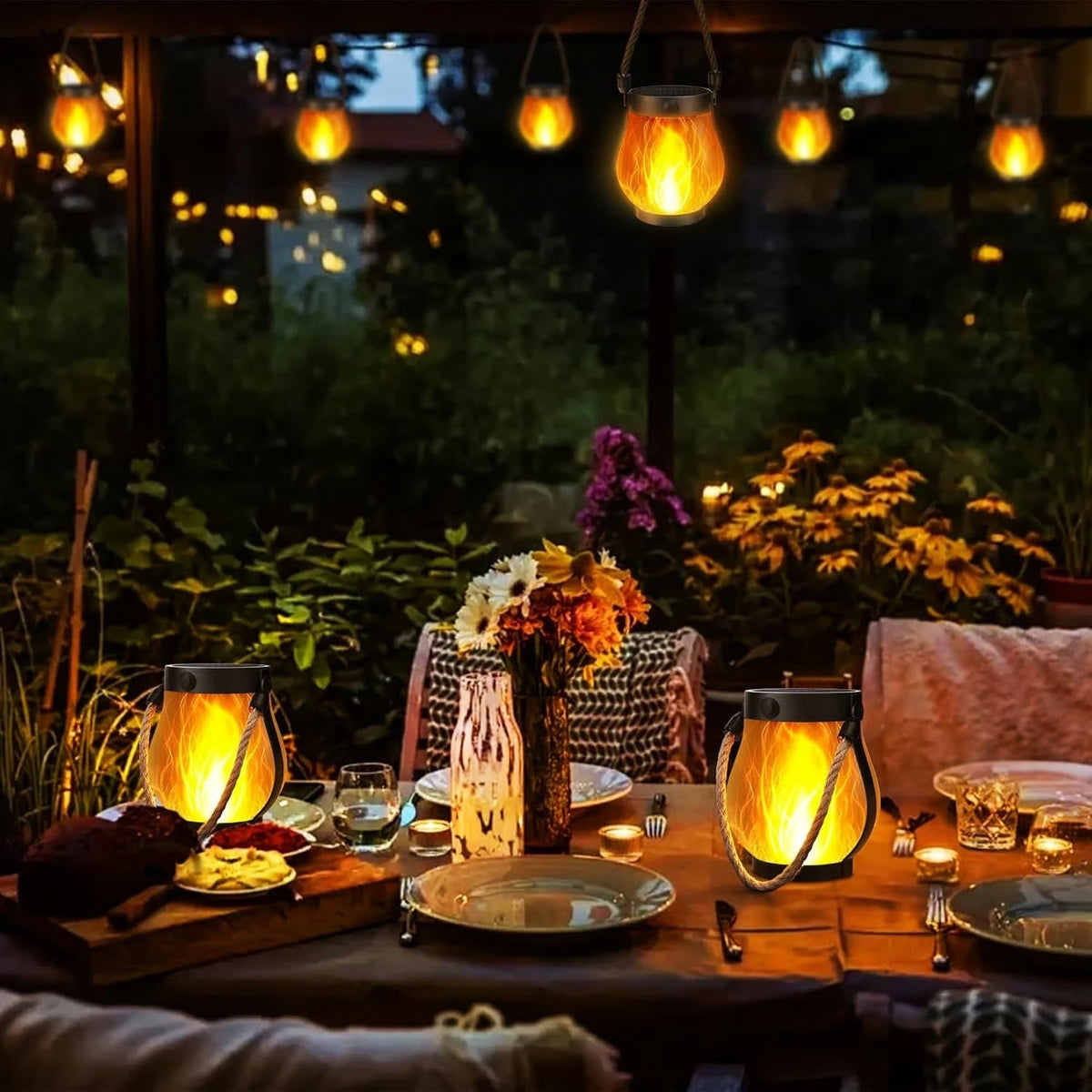 Outdoor Solar Lantern with Flickering Flame Effect and Jute Rope Handle - Image 3