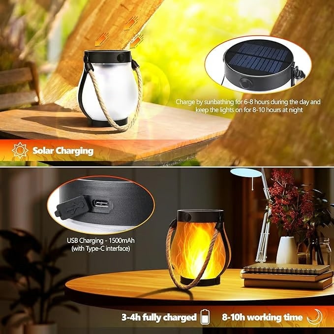 Outdoor Solar Lantern with Flickering Flame Effect and Jute Rope Handle - Image 6