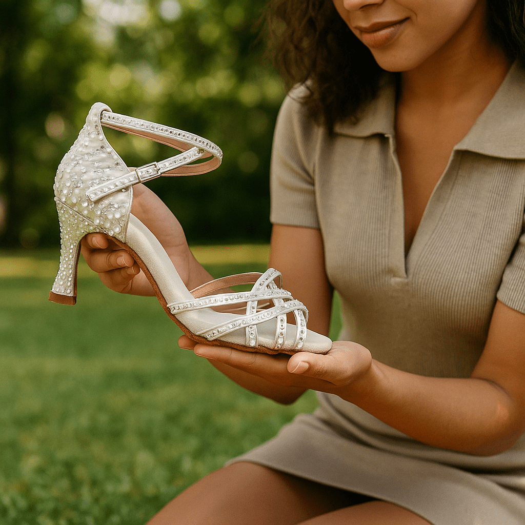 Ballroom dance shoes with a stable heel and shiny design