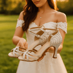 Ballroom dance shoes with a stable heel and shiny design