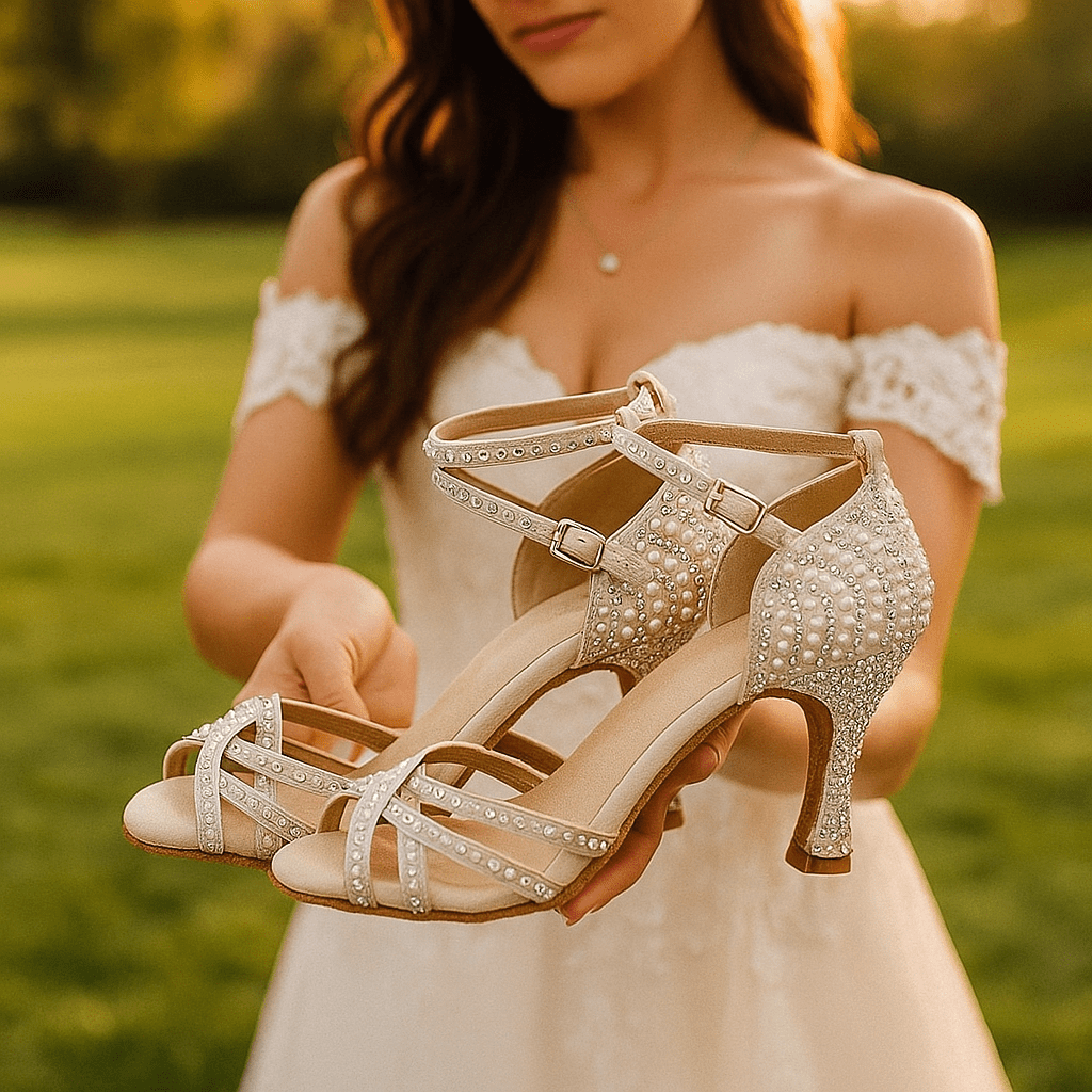 Ballroom dance shoes with a stable heel and shiny design