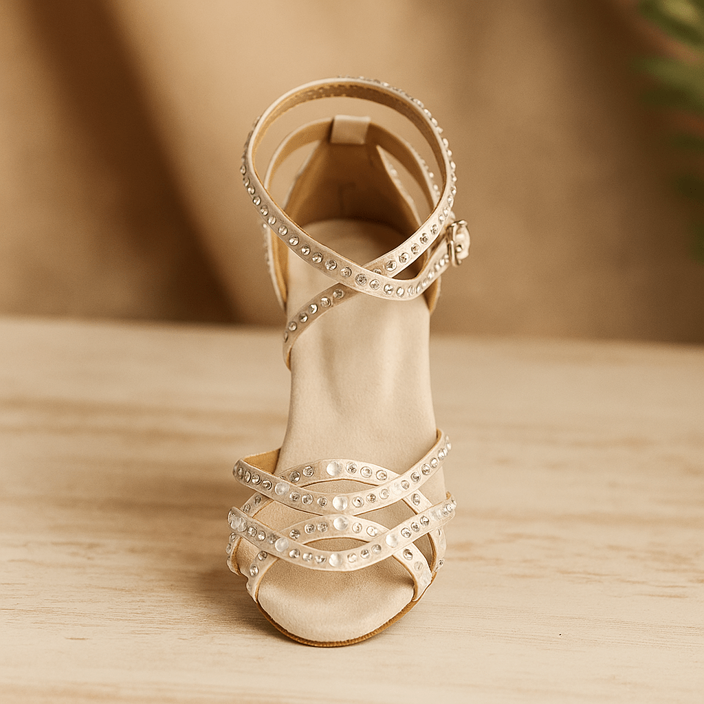 Ballroom dance shoes with a stable heel and shiny design