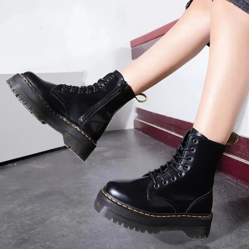 Platform Combat Boots with Lace-Up Front Side Zipper and Chunky Sole - Image 2