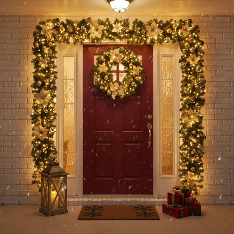Pre-Lit Christmas Garland with Lights Warm White LED and Artificial Pine Ornaments for Mantle - Image 1