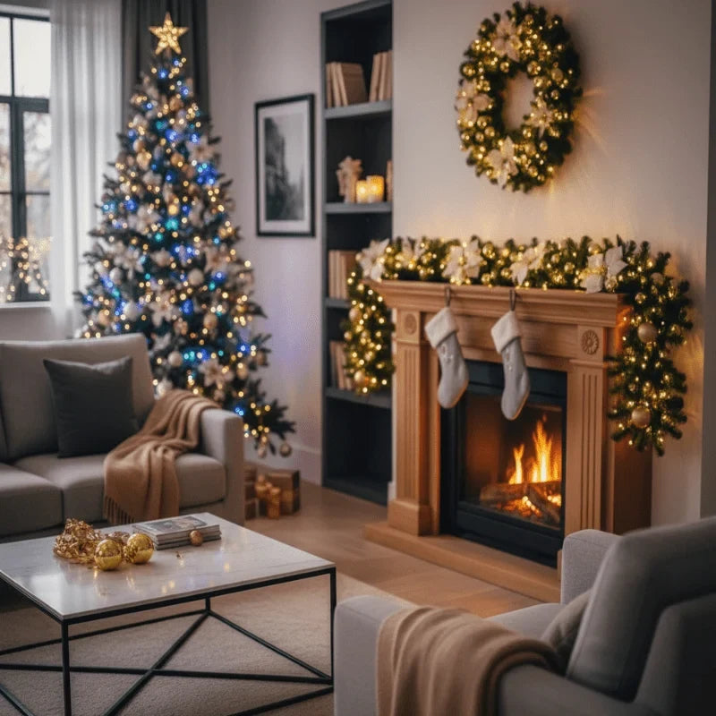 Pre-Lit Christmas Garland with Lights Warm White LED and Artificial Pine Ornaments for Mantle - Image 10