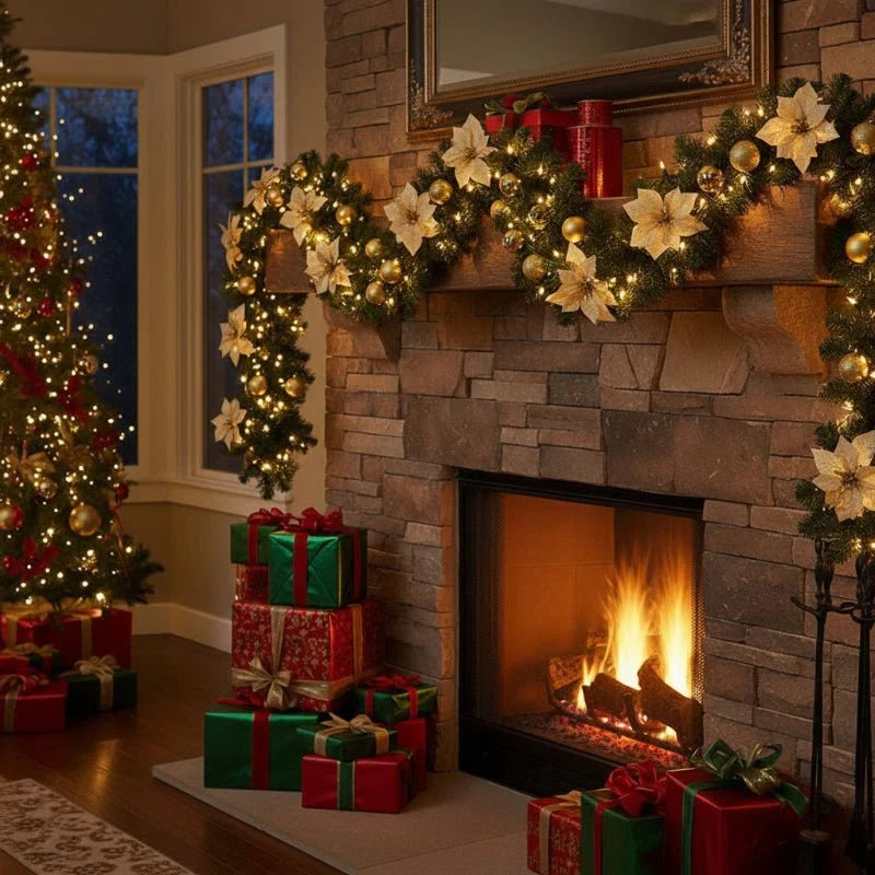 Pre-Lit Christmas Garland with Lights Warm White LED and Artificial Pine Ornaments for Mantle - Image 2