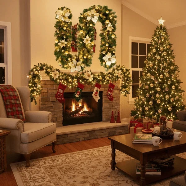 Pre-Lit Christmas Garland with Lights Warm White LED and Artificial Pine Ornaments for Mantle - Image 4