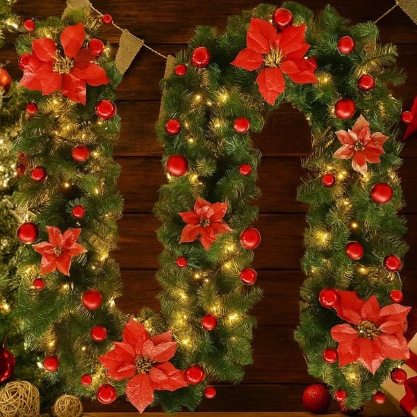 Pre-Lit Christmas Garland with Lights Warm White LED and Artificial Pine Ornaments for Mantle - Image 5
