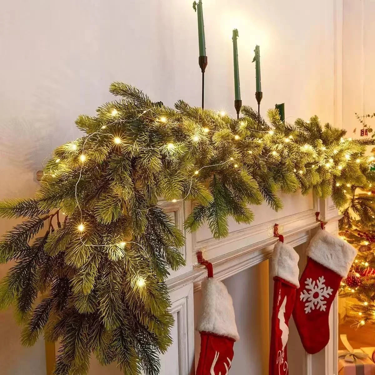 Pre-Lit Christmas Garland with Warm LED Lights and Artificial Pine Needles for Mantel - Image 8