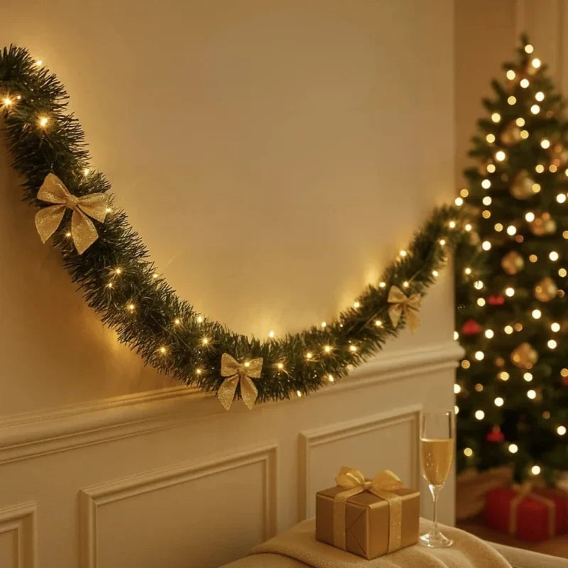 Pre-Lit Tinsel Garland with Frosted Tips Bows and Warm White LED Lights - Image 6
