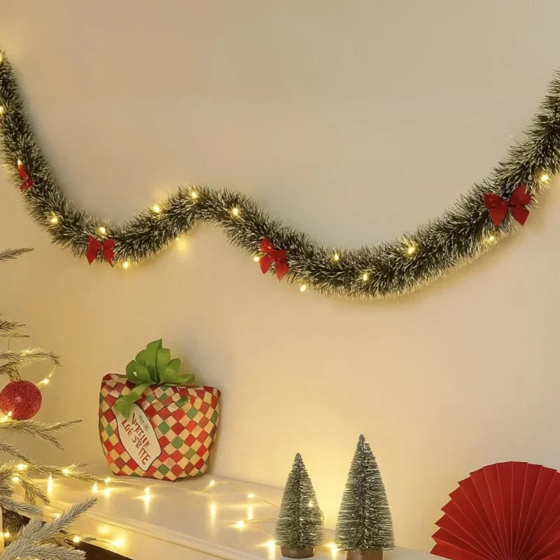 Pre-Lit Tinsel Garland with Frosted Tips Bows and Warm White LED Lights - Image 7