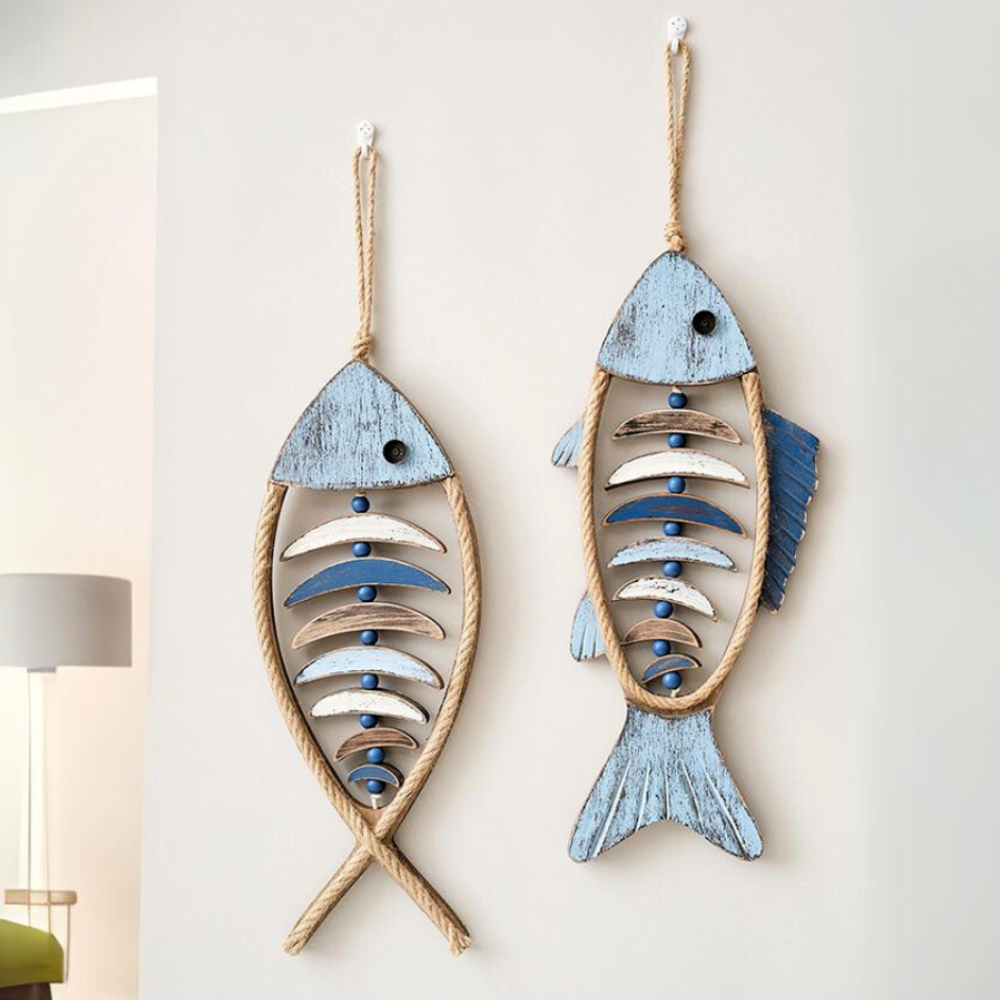 Rustic Wood Wall Art Decor with Wooden Fish and Jute Rope Coastal Bathroom - Image 1