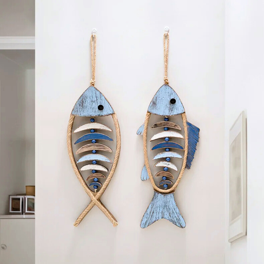 Rustic Wood Wall Art Decor with Wooden Fish and Jute Rope Coastal Bathroom - Image 2