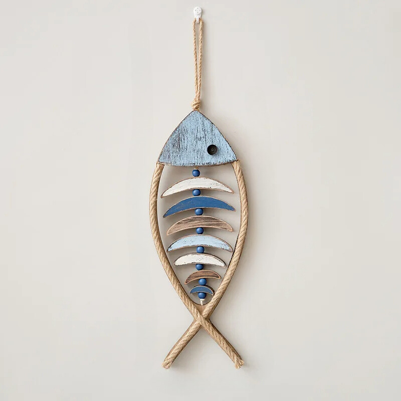 Rustic Wood Wall Art Decor with Wooden Fish and Jute Rope Coastal Bathroom - Image 3