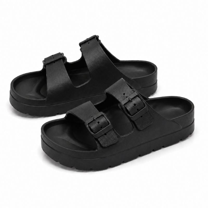Slides with Arch Support and Double Buckle Straps Foam Cushioned Footbed - Image 1