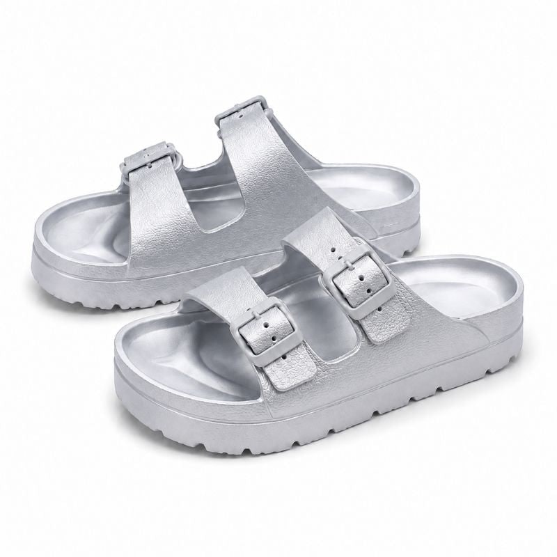 Slides with Arch Support and Double Buckle Straps Foam Cushioned Footbed - Image 11