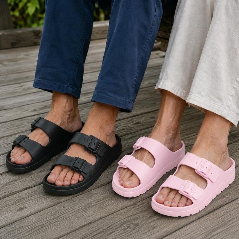 Slides with Arch Support and Double Buckle Straps Foam Cushioned Footbed - Image 2