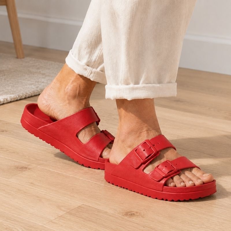 Slides with Arch Support and Double Buckle Straps Foam Cushioned Footbed - Image 4